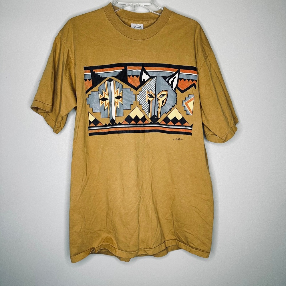 Vintage 1993 Hazelwoods Wolf Graphic T Shirt XL Mustard Yellow USA Made Single